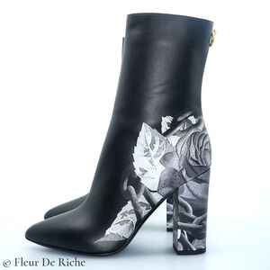 Valentino x Undercover Black Rose Print Leather Pointed Toe Ankle Boots sz 38.5
